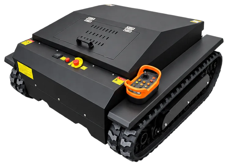 Podadora SH-800DL en ángulo trasero mostrando orugas y control remoto